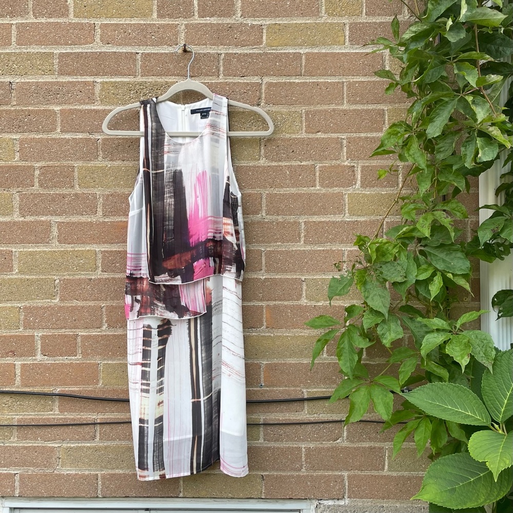 Dress: French Connection Sleeveless White Pink + Black Knee Length Dress